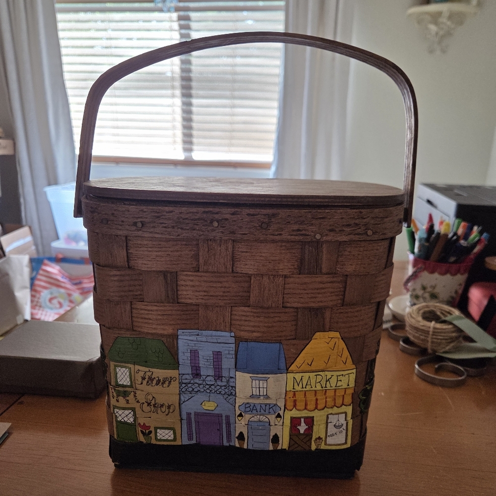70's Hand-painted Woven Wood Basket Purse Lined In Calico And Has Brass Hinges